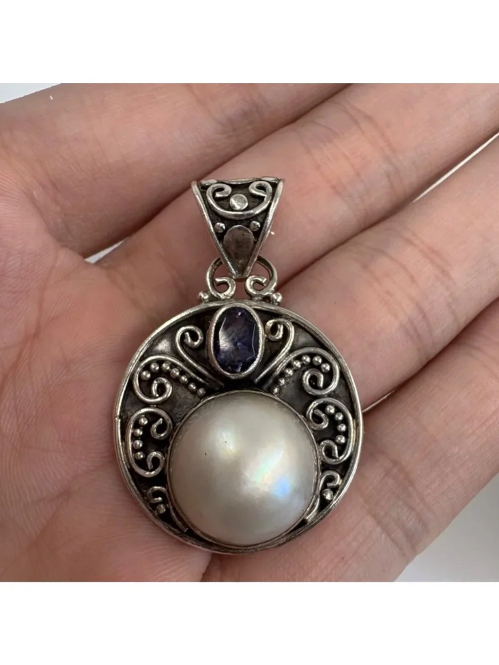 Mabe Pearl & Blue Gemstone Circle Pendant Sterling Silver 925 Size 1.5